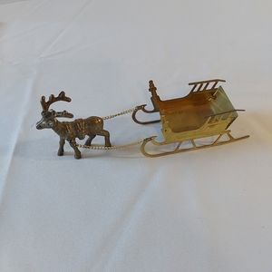 Vintage Brass Reindeer and Sleigh Christmas Decor Candy Dish Display Holiday